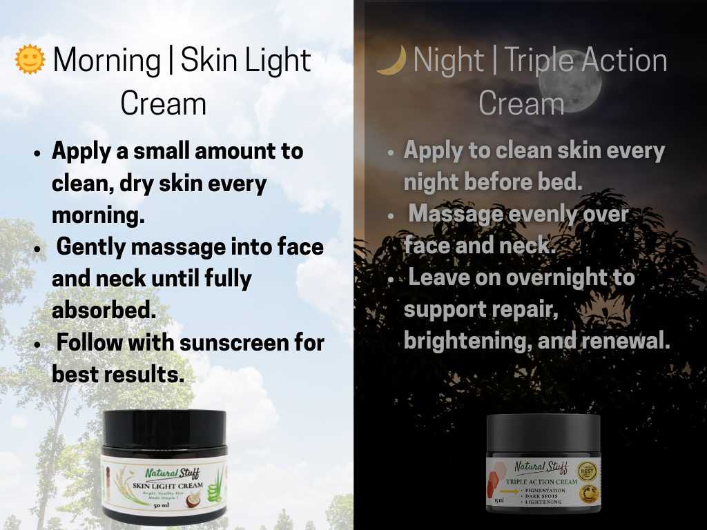 Two cream containers with usage instructions for morning and night on a natural background.
