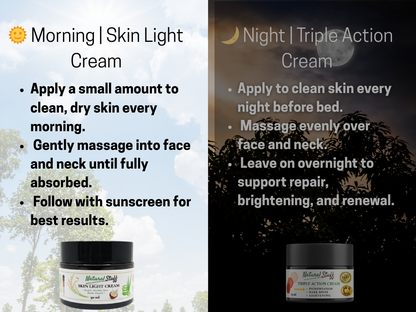 Two cream containers with usage instructions for morning and night on a natural background.
