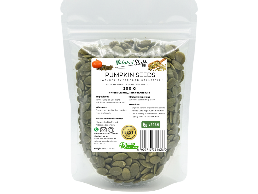 Bag of pumpkin seeds with a label on a white background