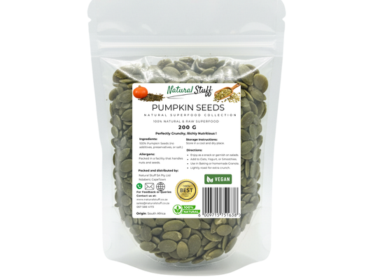 Bag of pumpkin seeds with a label on a white background