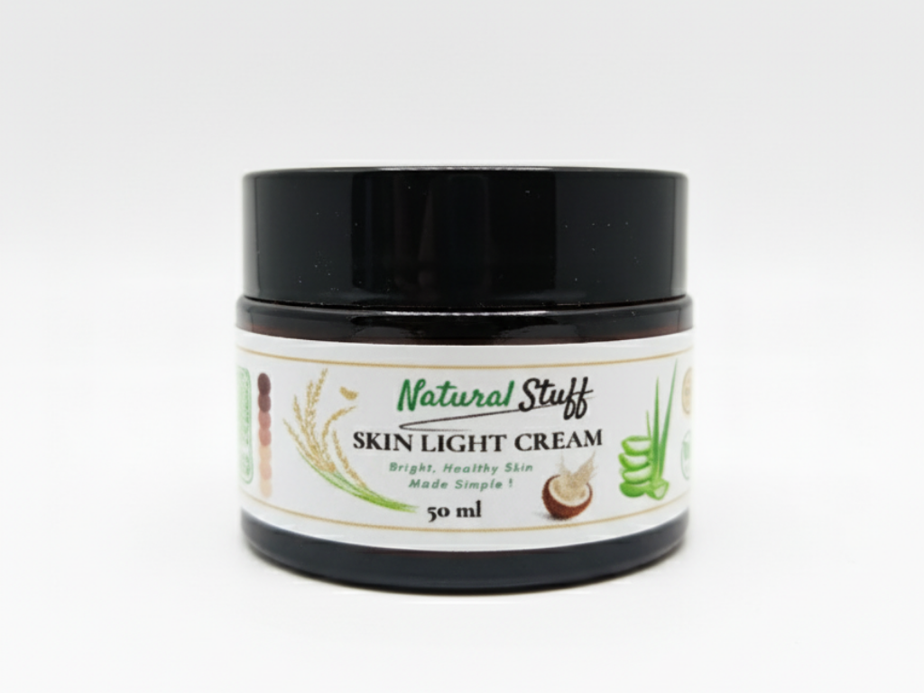 Jar of skin light cream with a label on a white background