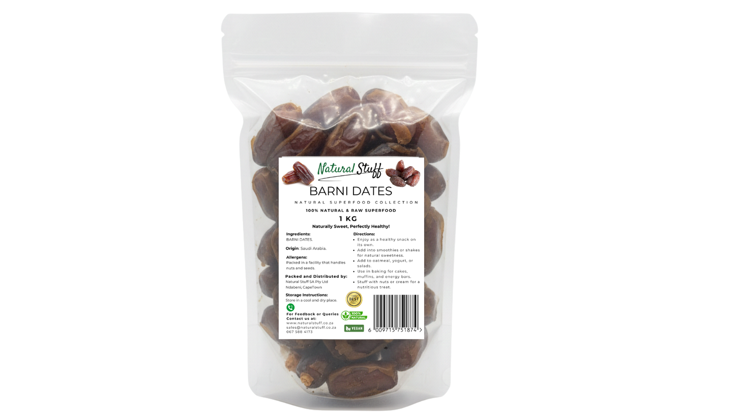Bag of Barn Dates with a visible label on a white background