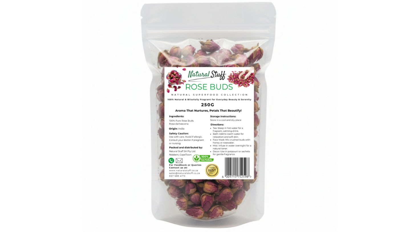 Bag of rose buds with a label on a white background