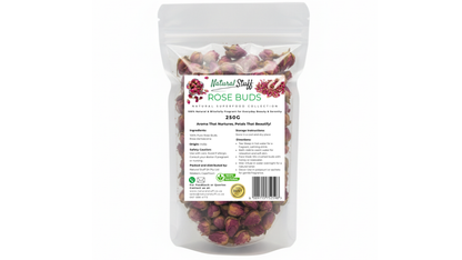 Bag of rose buds with a label on a white background