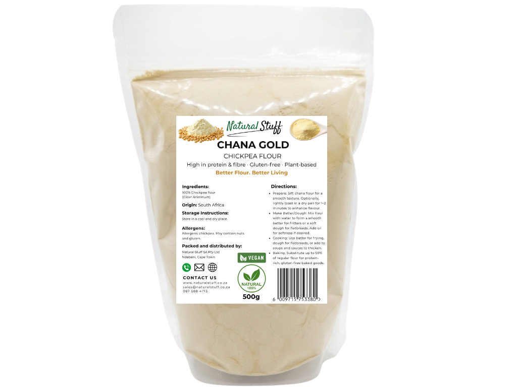 Packaged chana gold chickpea flour with a label on a white background