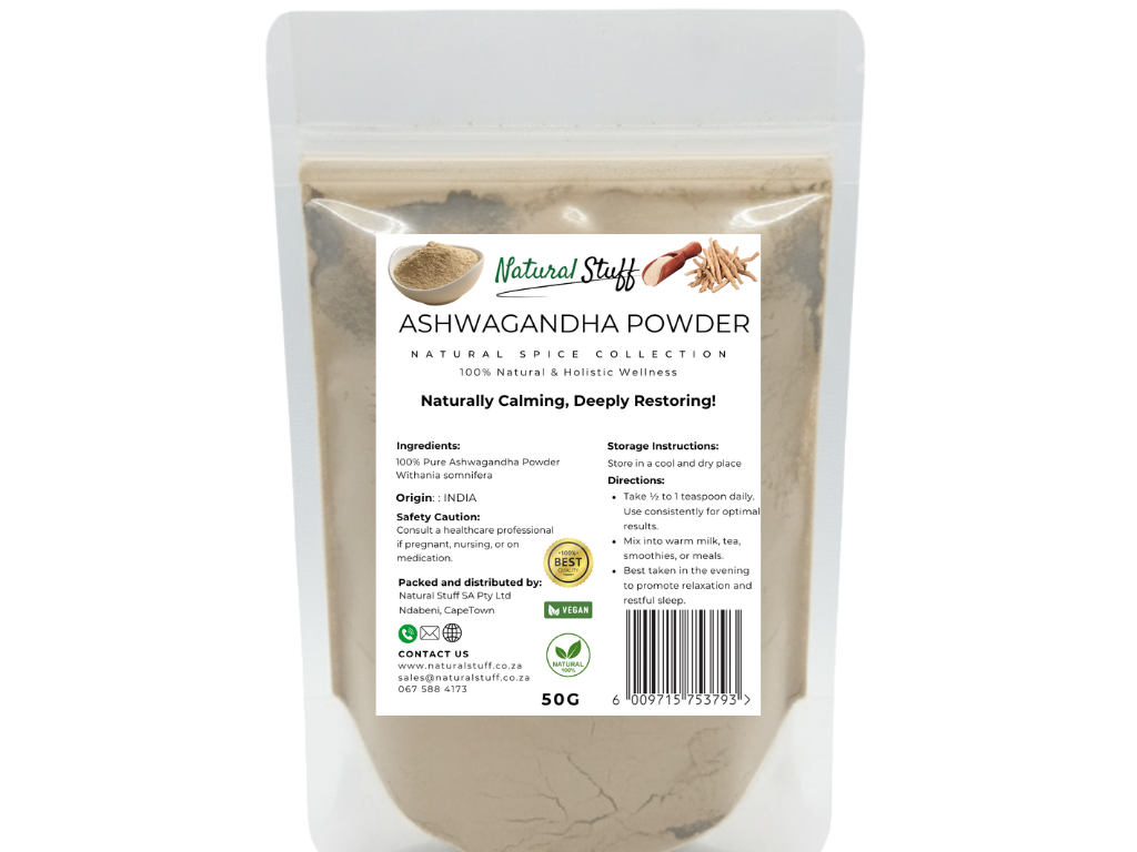 Package of Ashwagandha powder with a label on a white background