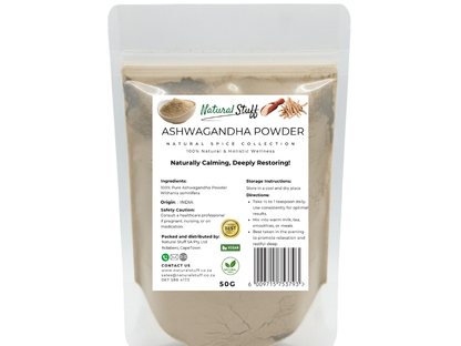 Package of Ashwagandha powder with a label on a white background
