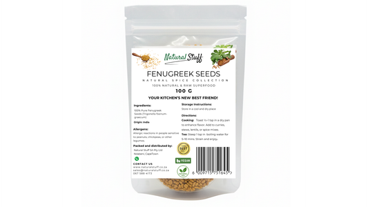 Bag of fenugreek seeds with branding and product details on a white background
