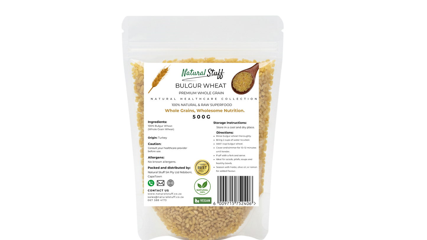 Package of bulgur wheat with visible branding and product details on a white background
