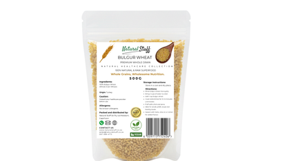 Package of bulgur wheat with visible branding and product details on a white background