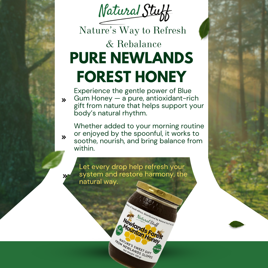 Advertisement for Pure Newlands Forest Honey with a forest background