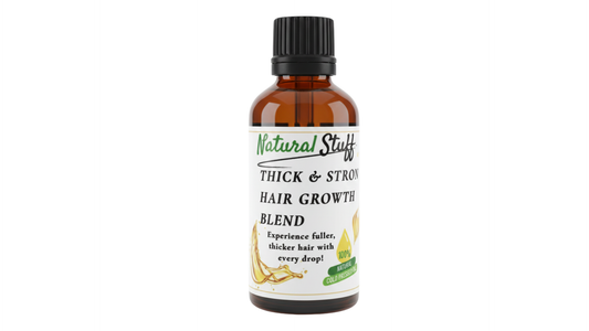 Bottle of Natural Stuff Thick & Strong Hair Growth Blend on a white background