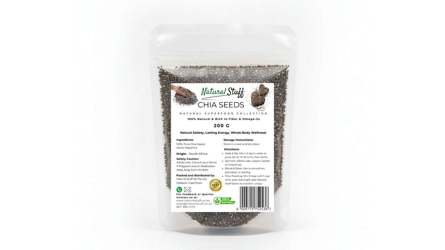 Bag of chia seeds with a label on a white background