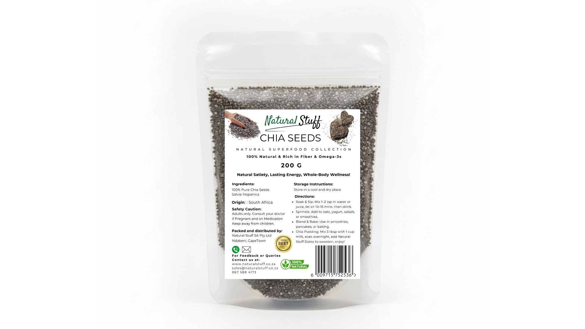 Bag of chia seeds with a label on a white background