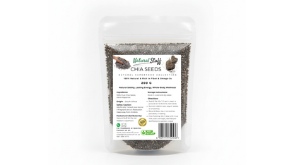 Bag of chia seeds with a label on a white background