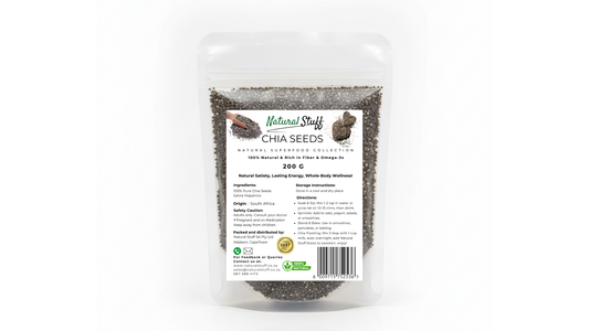 Bag of chia seeds with a label on a white background