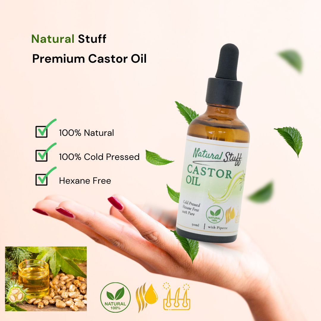 Natural Stuff Premium Castor Oil Cold-pressed Hexane Free 50ml with free 5 Mascara Wands