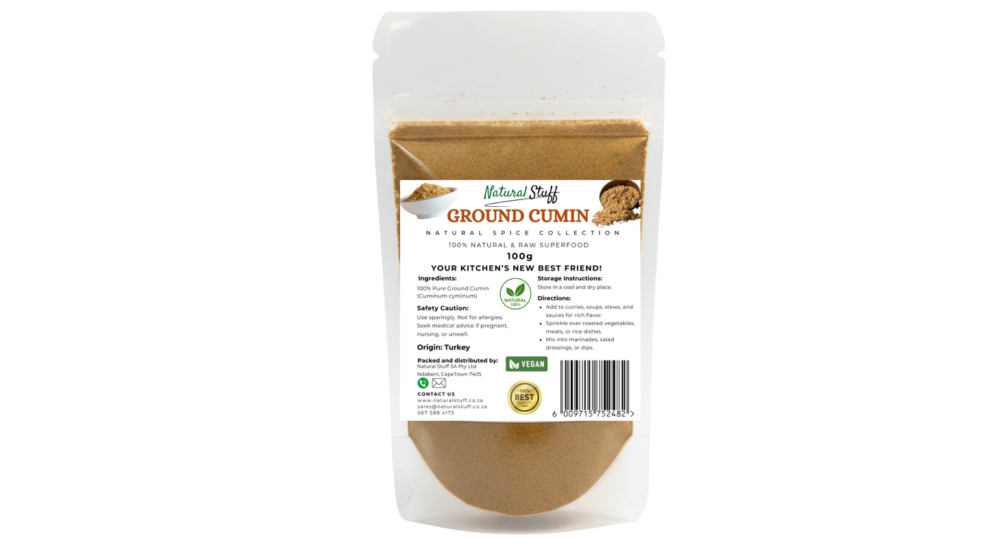 Package of ground cumin with a label on a white background