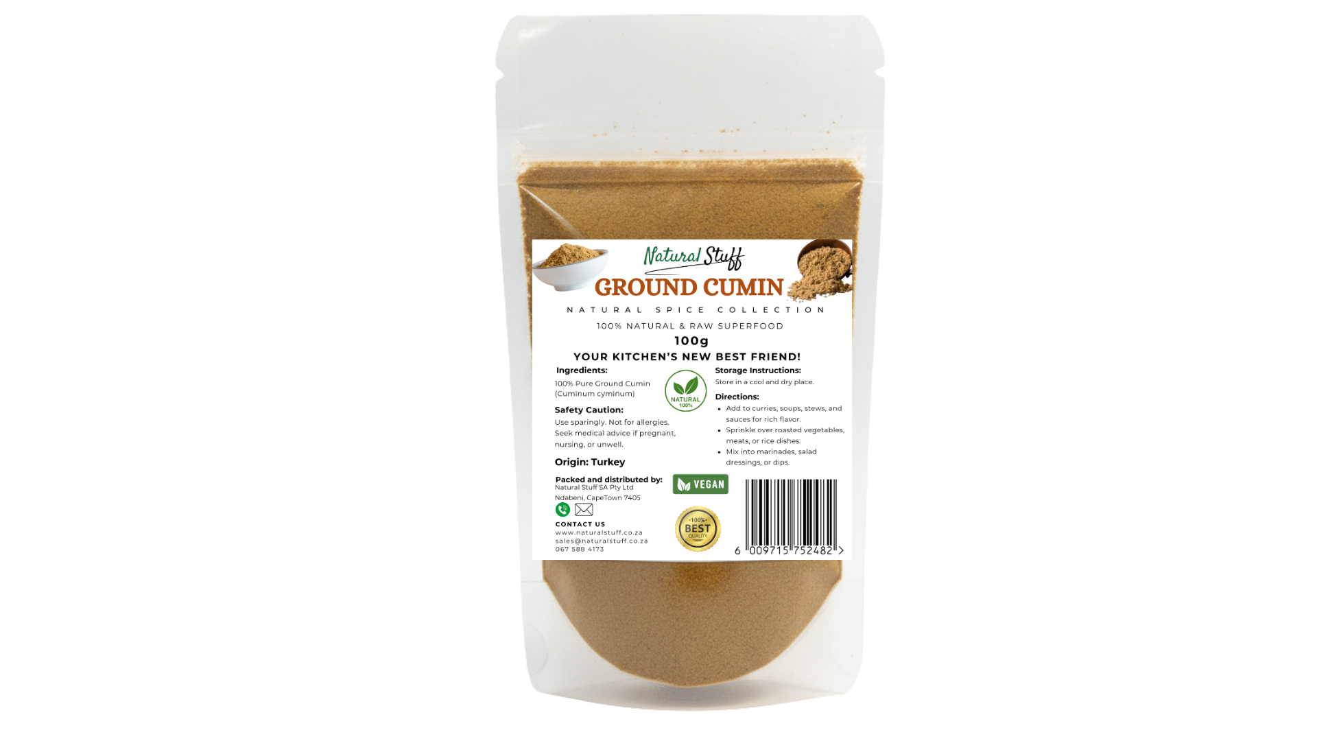 Package of ground cumin with a label on a white background