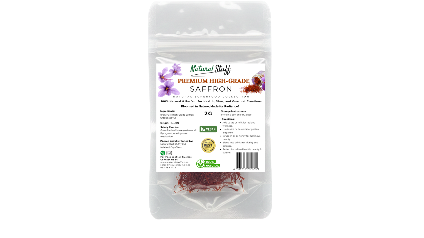 Package of premium high-grade saffron with a label on a white background