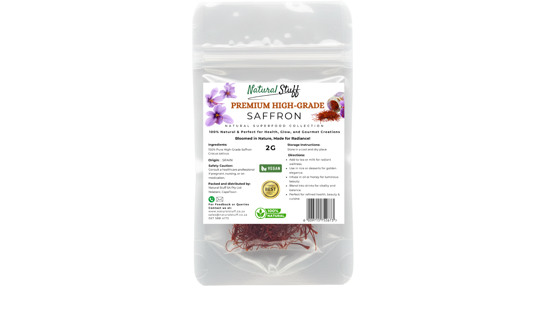 Package of premium high-grade saffron with a label on a white background