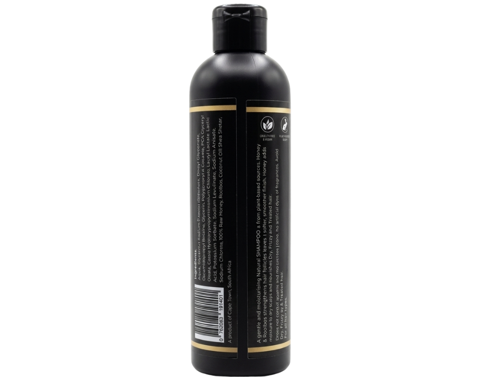 Black bottle with label on a white background