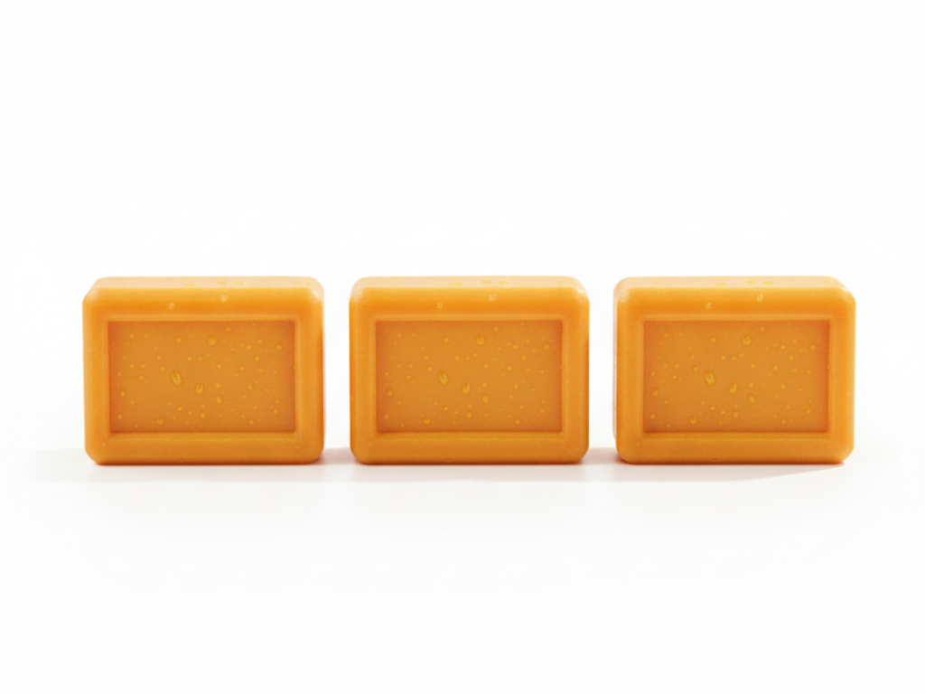 Three square orange soap bars on a white background