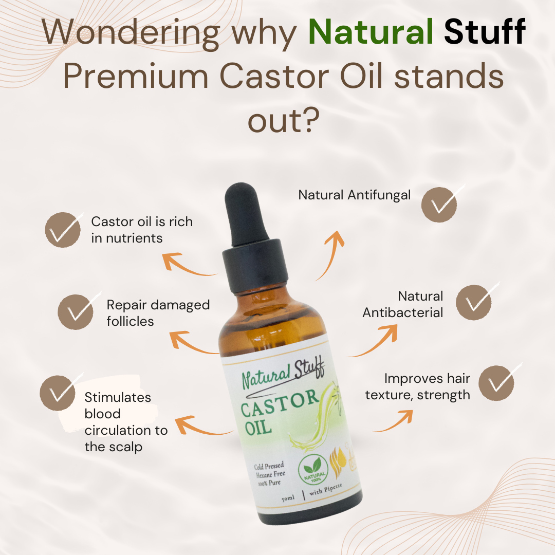 Natural Stuff Premium Castor Oil Cold-pressed Hexane Free 50ml with free 5 Mascara Wands