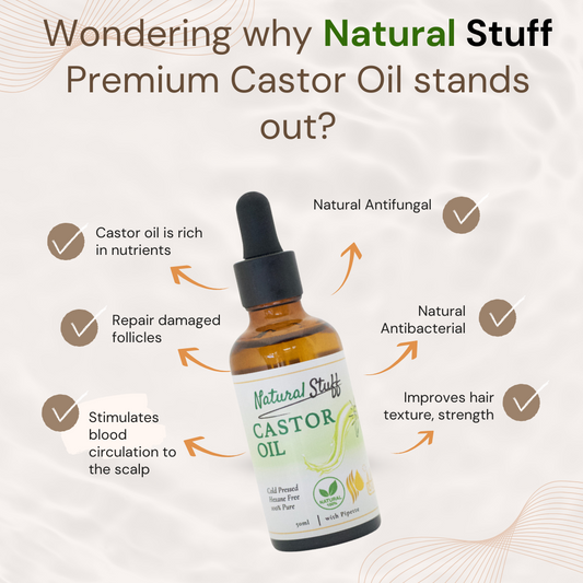Natural Stuff Premium Castor Oil Cold-pressed Hexane Free 50ml with free 5 Mascara Wands