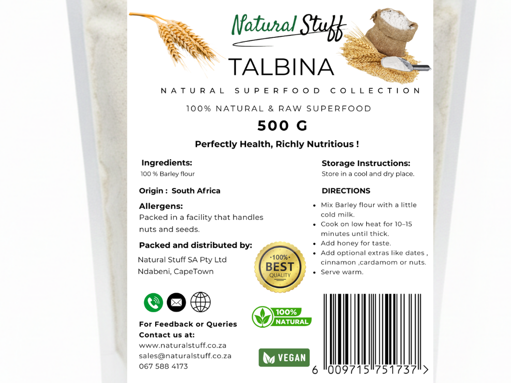 Package of Natural Stuff Talbina superfood with ingredients, origin, and storage instructions.
