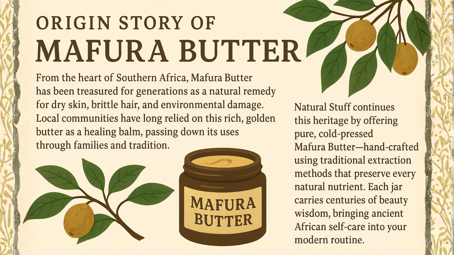 Infographic about the origin story of Mafura Butter with text and a jar of Mafura Butter.