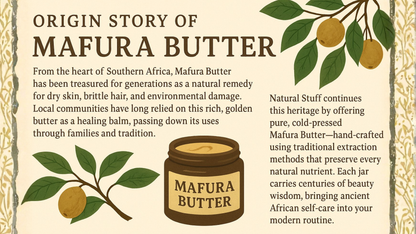 Infographic about the origin story of Mafura Butter with text and a jar of Mafura Butter.