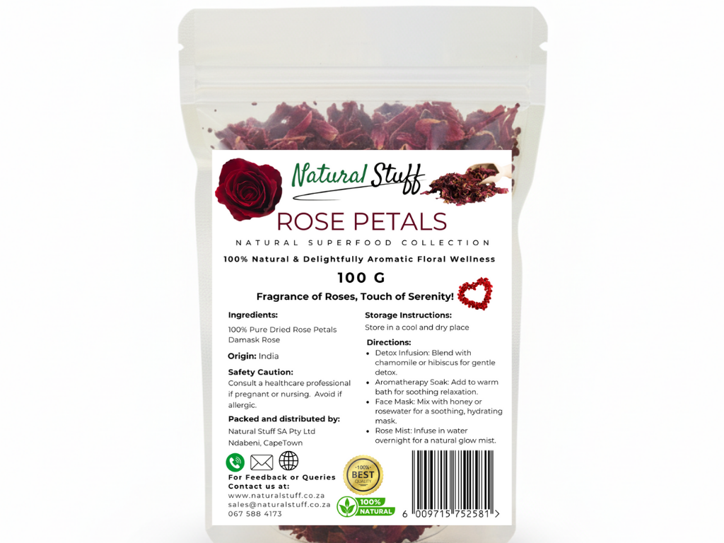 Bag of rose petals with branding and product details on a white background