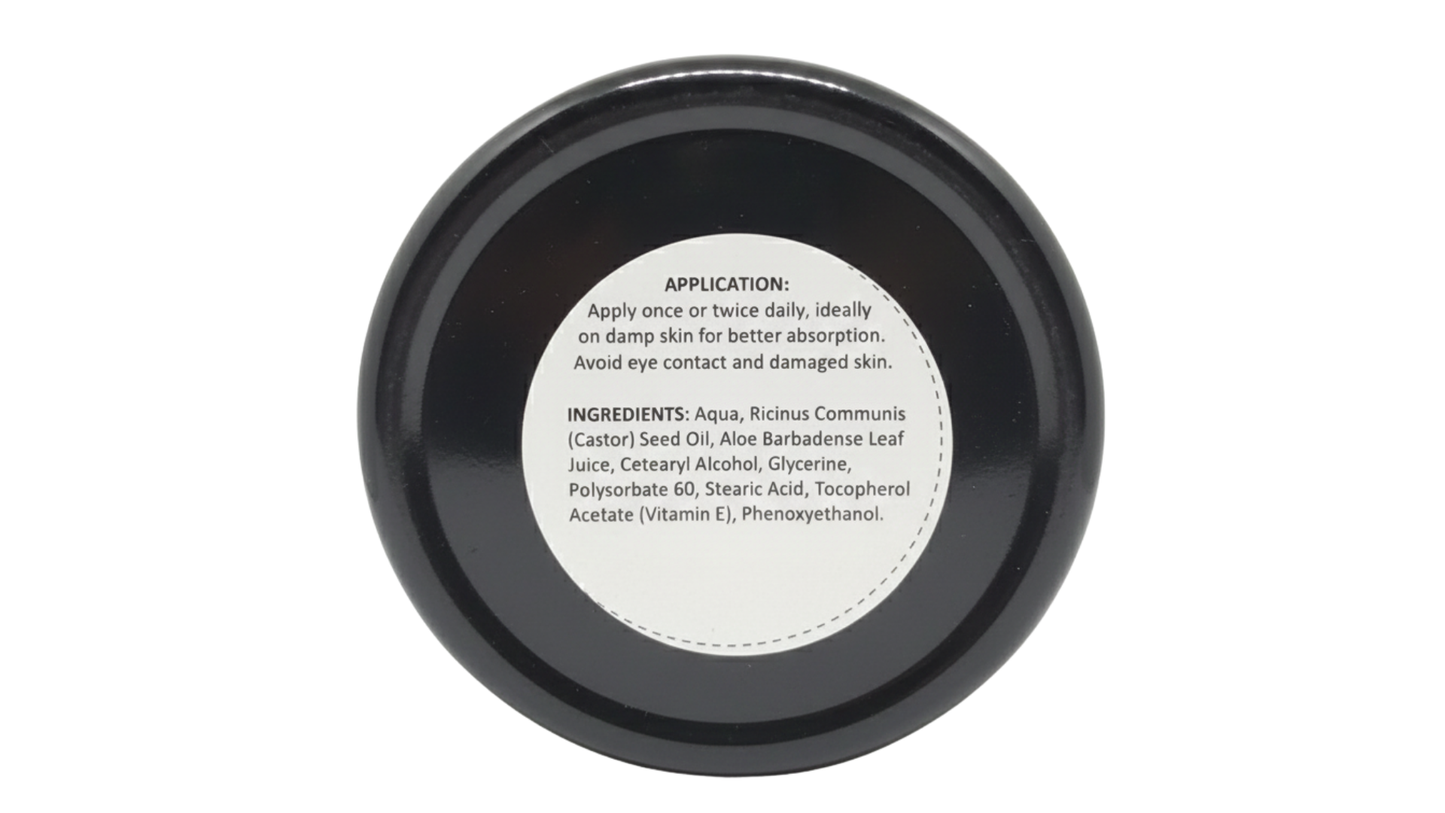 Black container with a white label on a white background