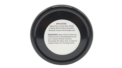 Black container with a white label on a white background