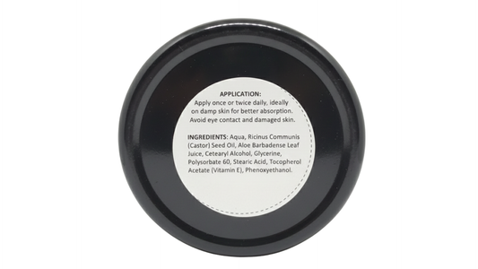 Black container with a white label on a white background