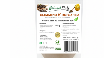 Slimming & Detox tea package with branding and product details on a white background
