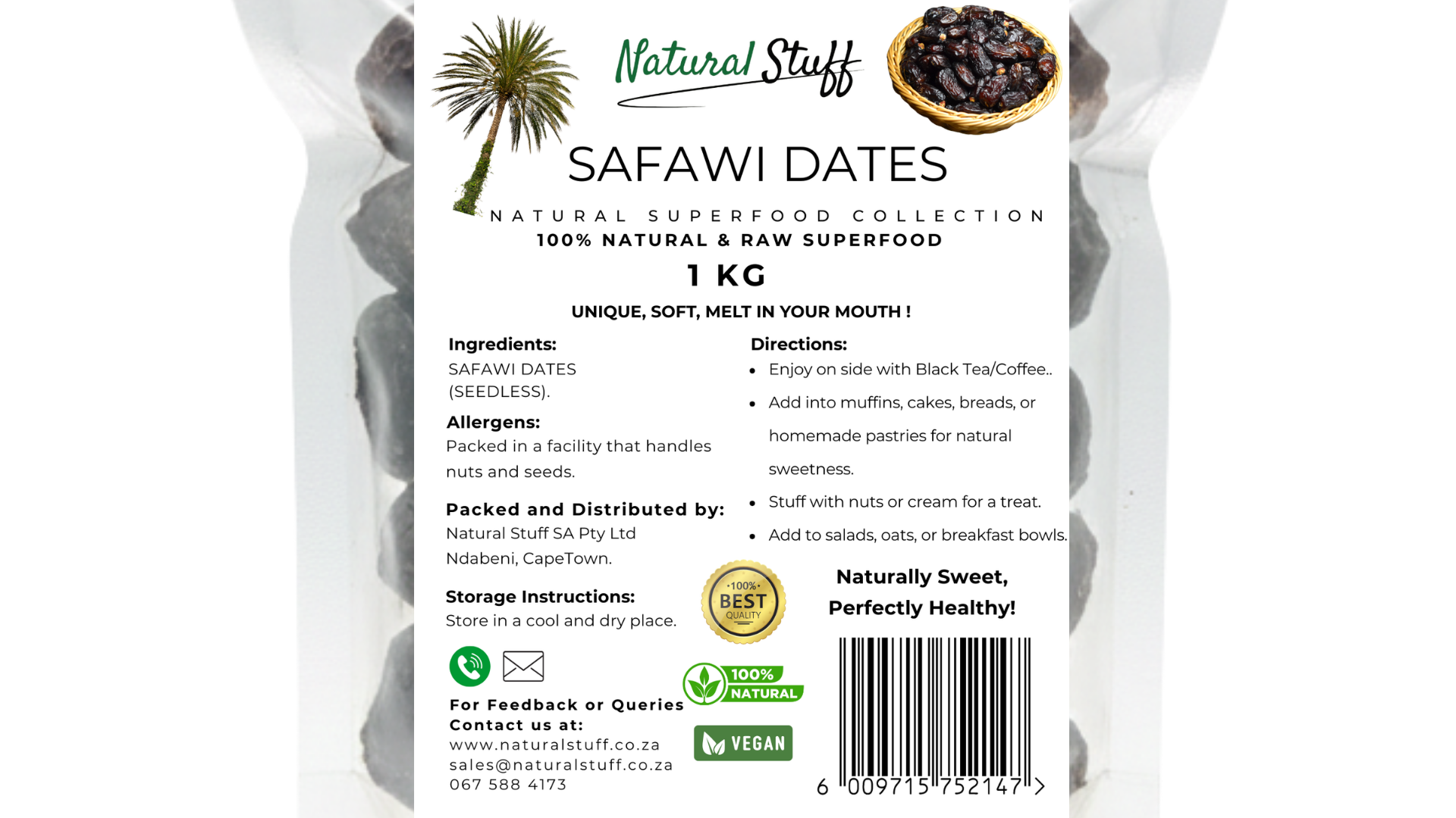 Package of Safawi Dates with label on a white background