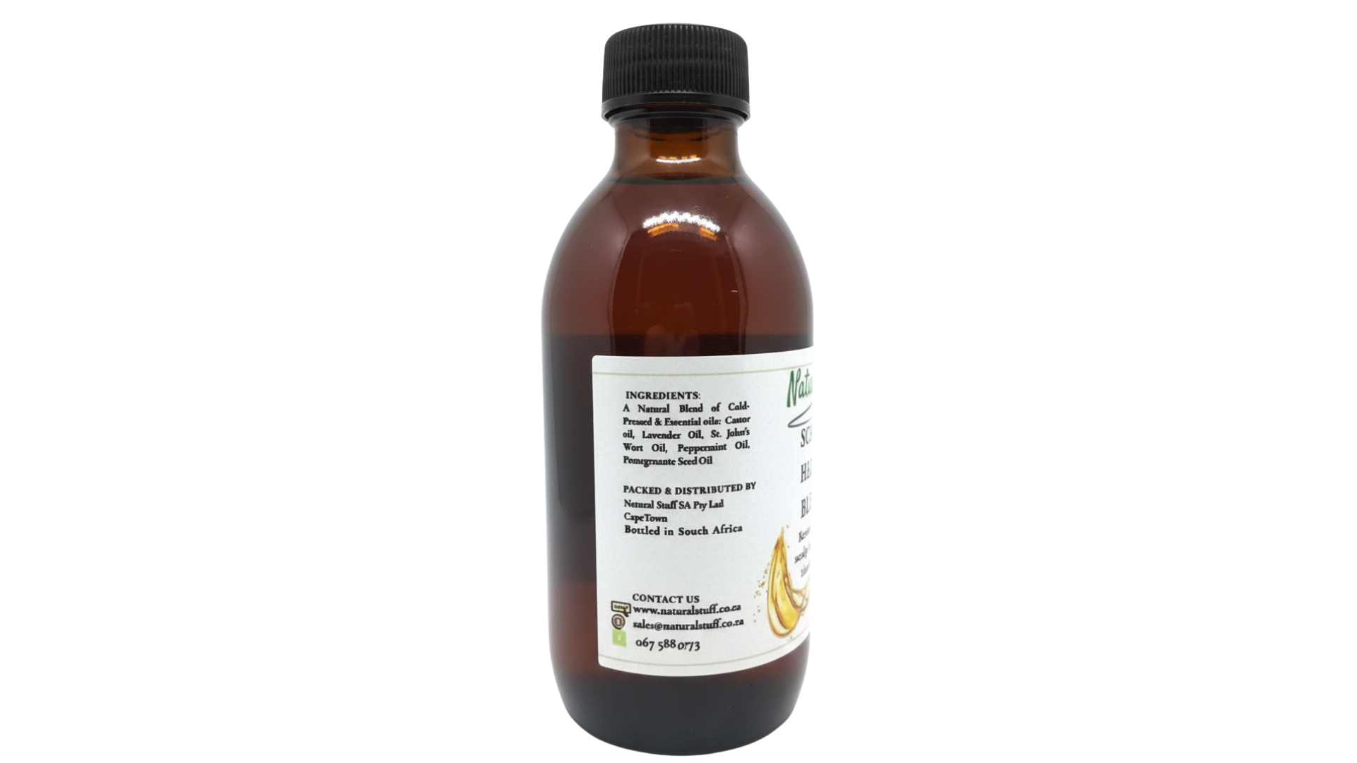 Brown bottle with a label on a white background