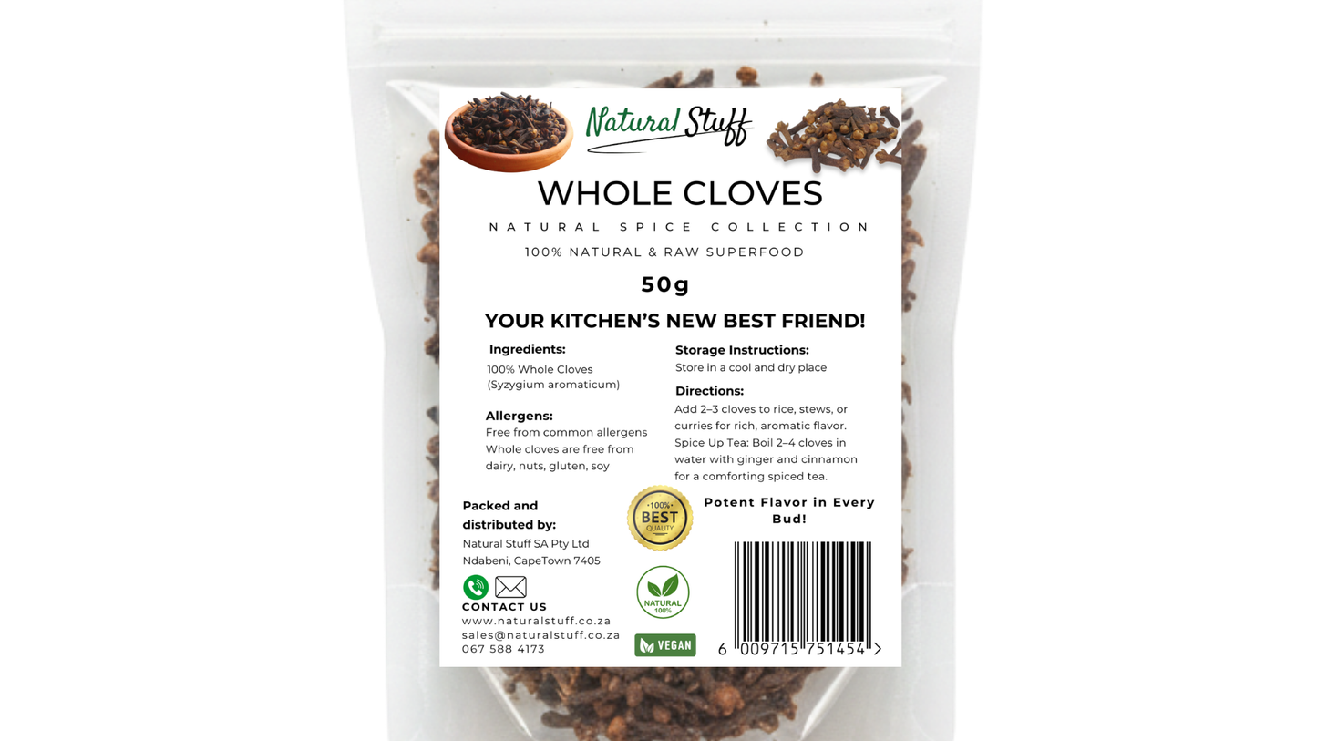 Package of whole cloves with branding and product details on a white background