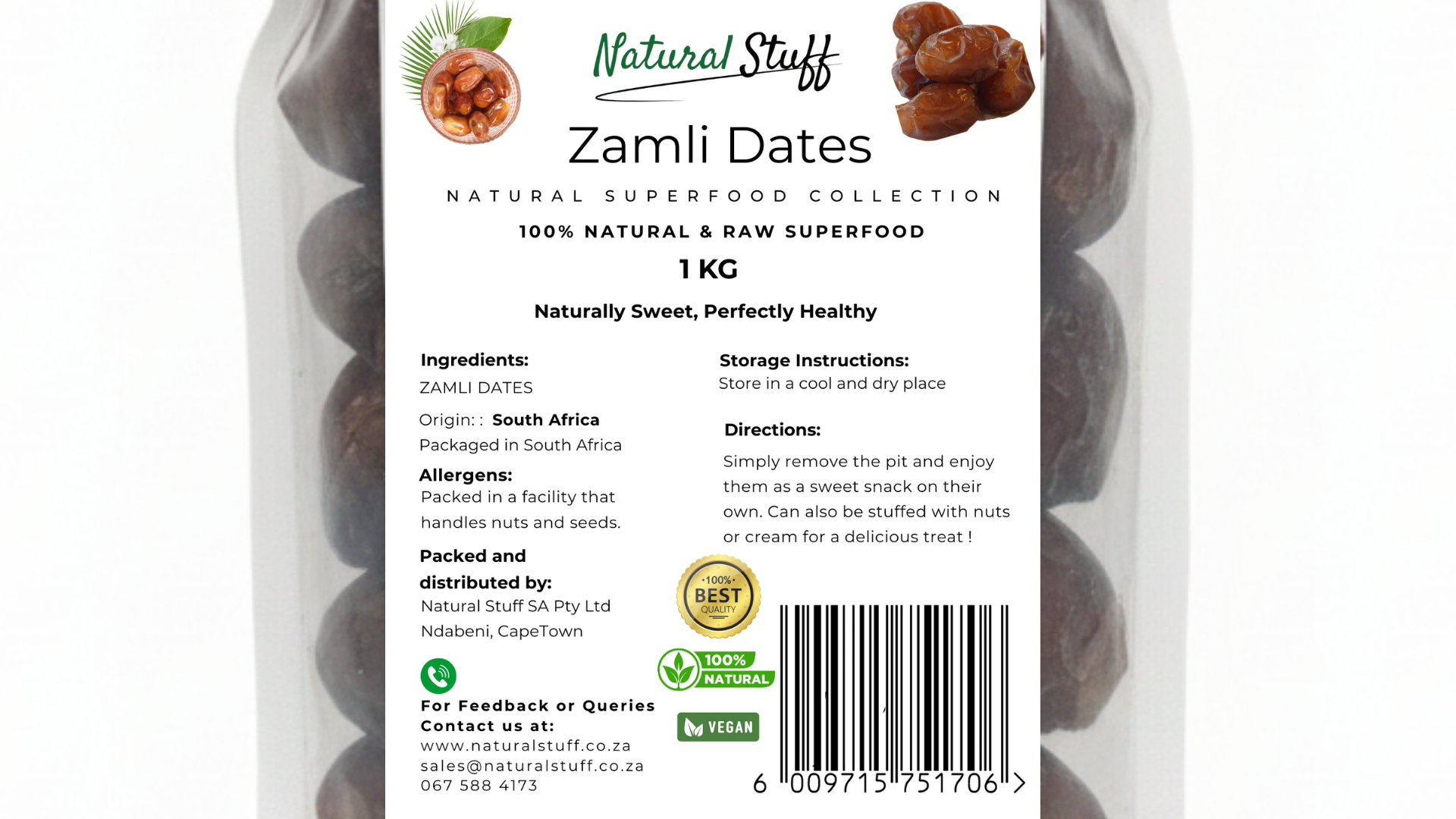 Packaging of Natural Stuff Zamli Dates with label and dates visible