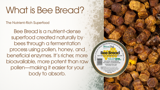 Bee bread product with text explaining what bee bread is and its benefits.