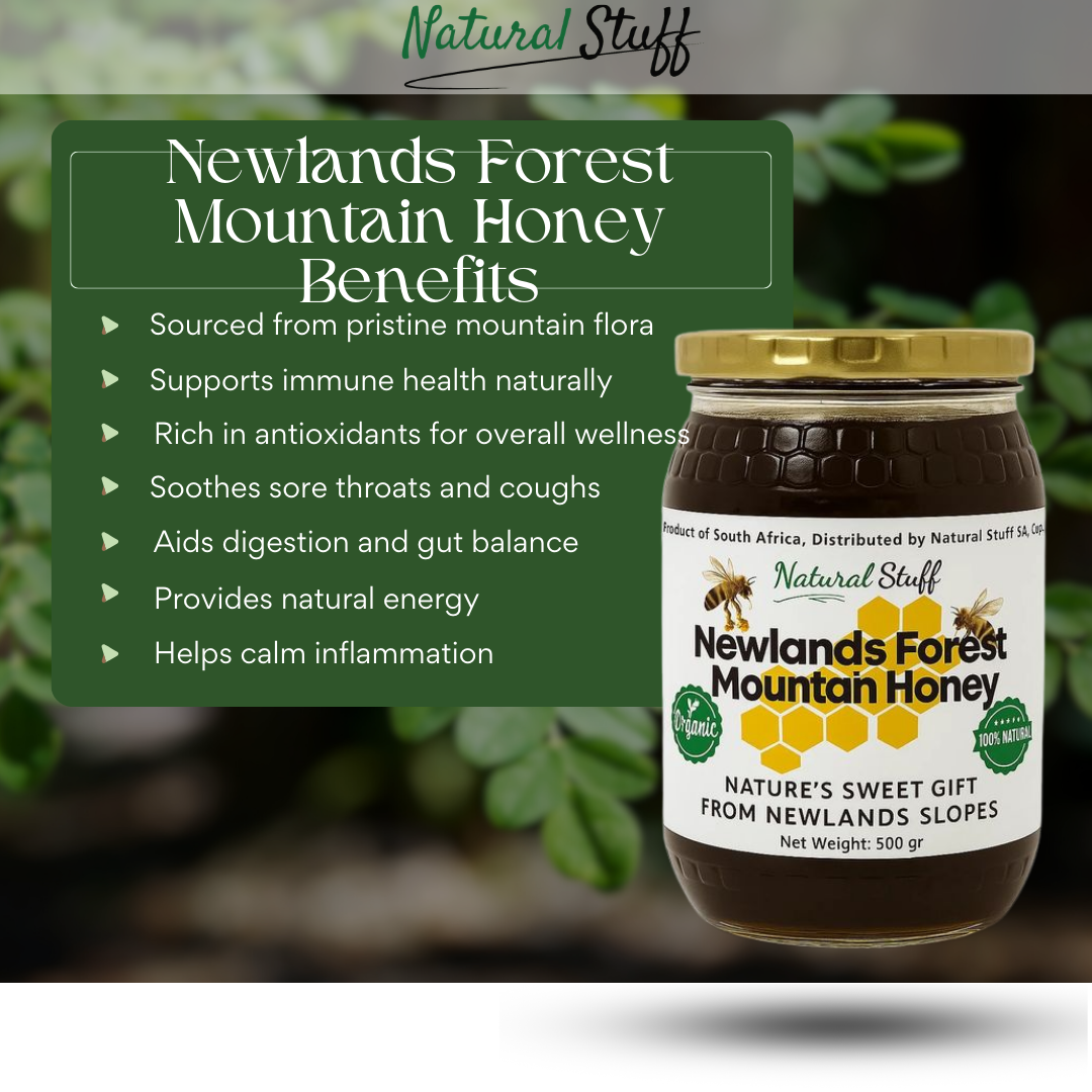 Jar of Newlands Forest Mountain Honey with benefits listed on a green background