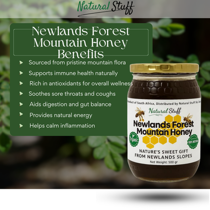 Jar of Newlands Forest Mountain Honey with benefits listed on a green background