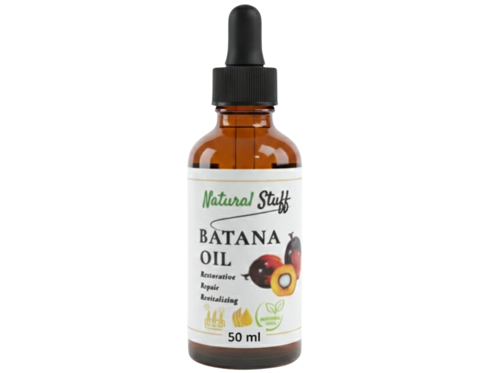 Bottle of Natural Stuff Batana Oil with a dropper on a white background