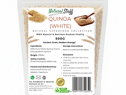 Package of Natural Stuff white quinoa with label and branding.