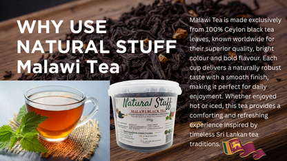 Malawi Tea packaging with a cup of tea and tea leaves on a wooden surface.