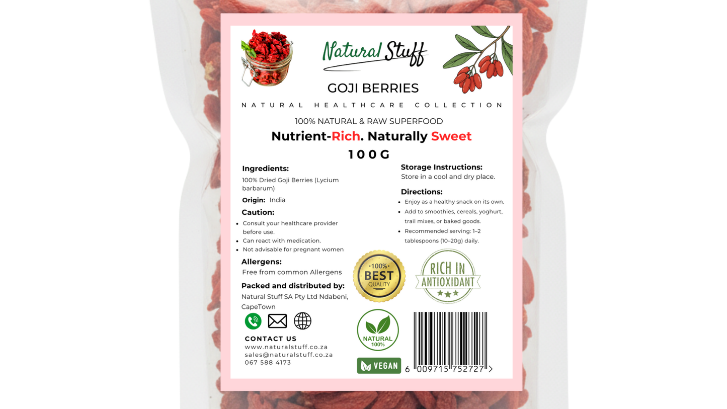 Goji berries packaging with a label on a white background