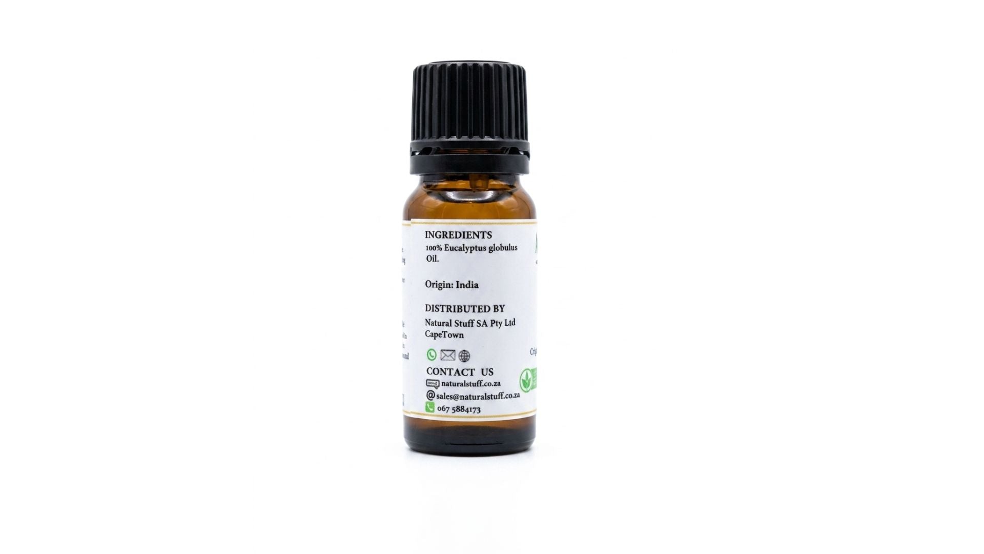Small glass bottle with a black cap on a white background