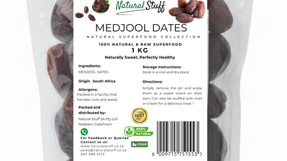 Package of Medjool dates with a label on a white background